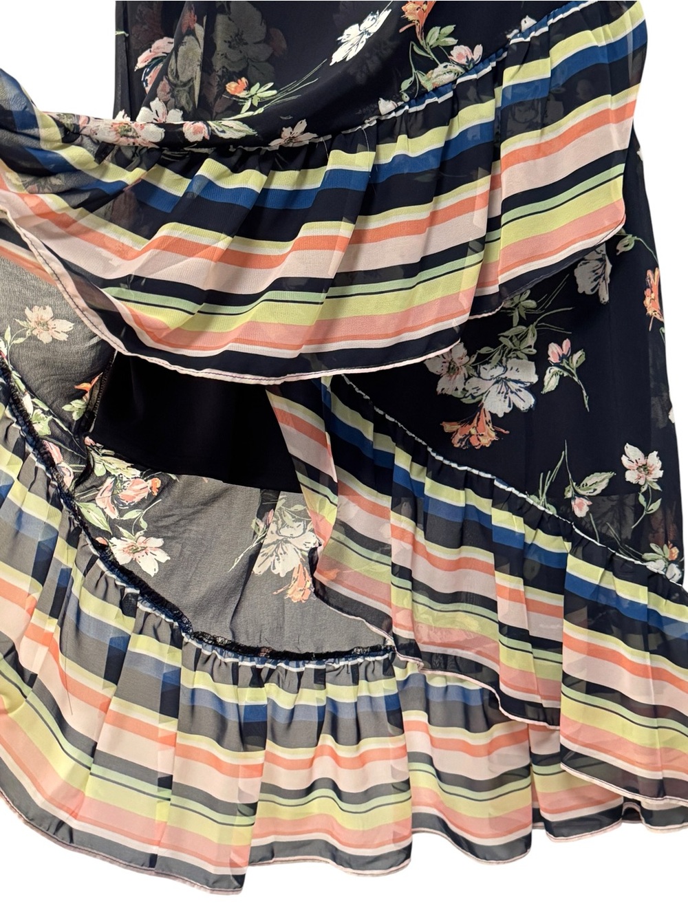 Sandra Darren Floral & Stripe Ruffle Maxi Dress - Navy with Pastel Accents 10P - Picture 6 of 10